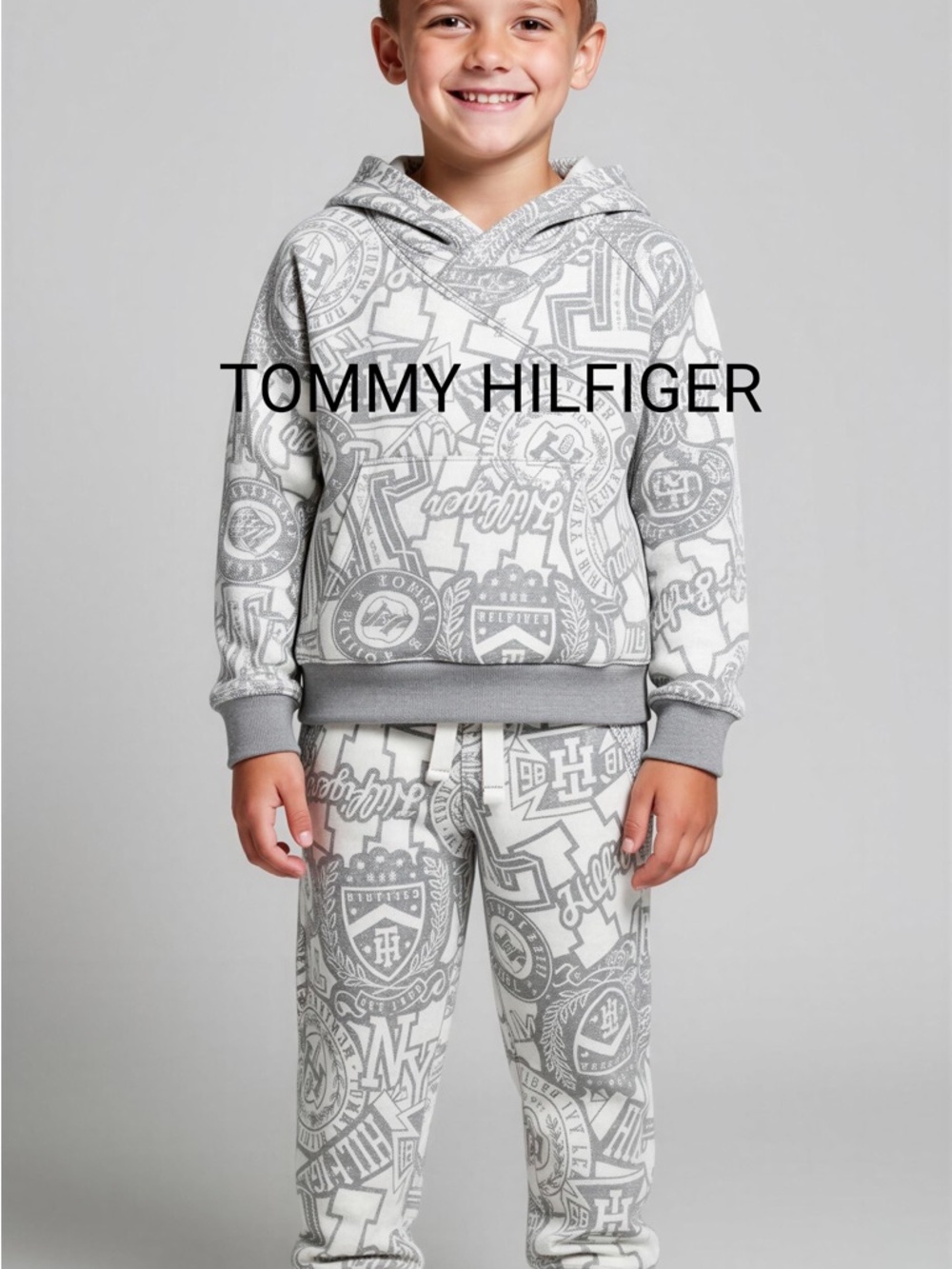 Tommy Hilfiger White & Gray Logo Print Hoodie and Joggers Set